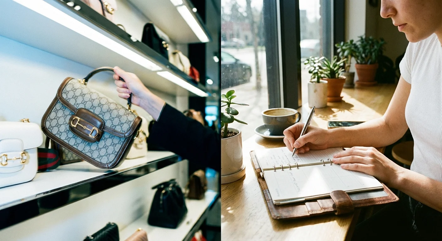 A split image showing impulsive shopping versus intentional financial planning.