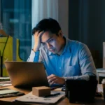 An exhausted person working late at night at a desk with signs of multiple side jobs.