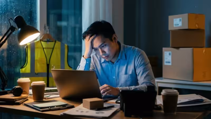 An exhausted person working late at night at a desk with signs of multiple side jobs.