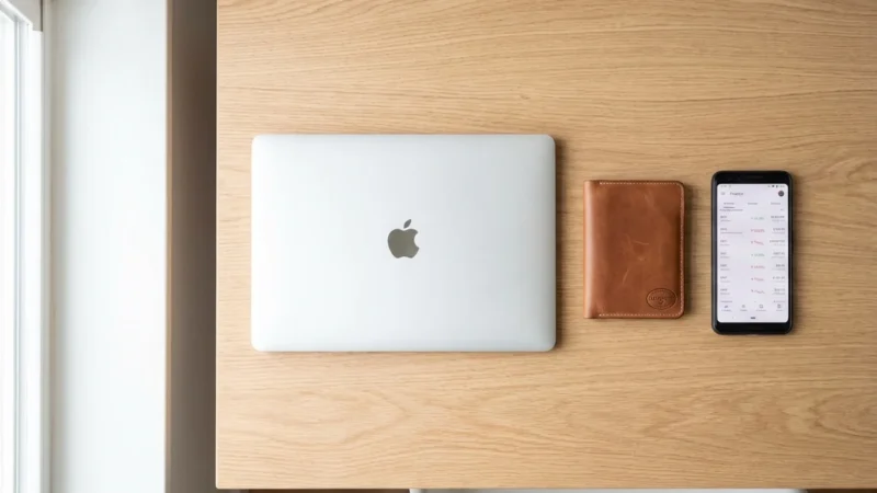 Top-down view of closed silver MacBook, brown leather wallet, and smartphone on wooden desk