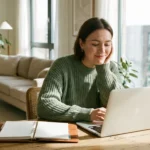 A woman smiling confidently at her laptop in a bright, modern home office setting.