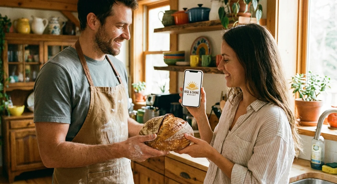 Two people happily exchanging a loaf of bread for a graphic design service.