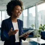 Happy Black businesswoman holding a tablet while talking to a colleague in a modern office.