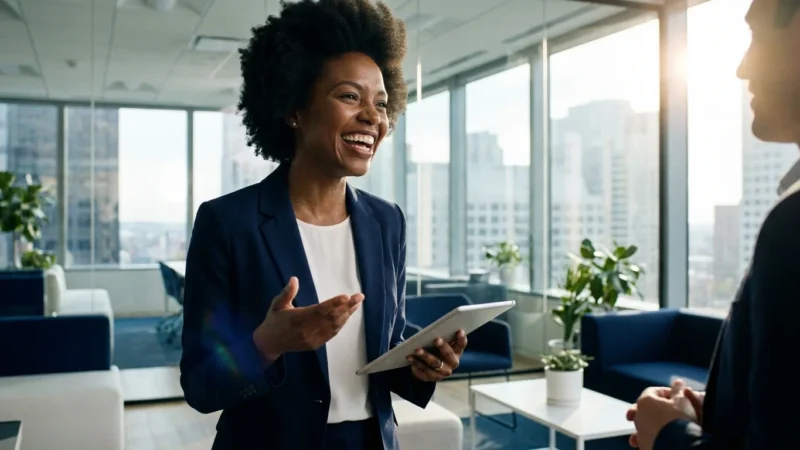 Happy Black businesswoman holding a tablet while talking to a colleague in a modern office.