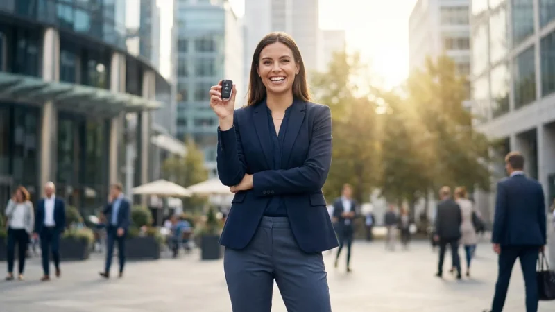 A smiling businesswoman in a navy blazer holds up a car key in a city square.