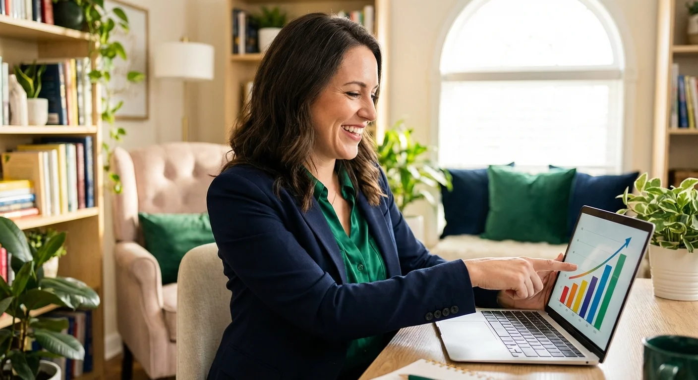 A focused woman talks on her phone while taking notes in a bright, modern home.