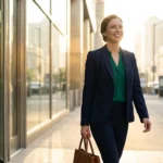 A smiling businesswoman in a navy suit walks along a city sidewalk during golden hour.