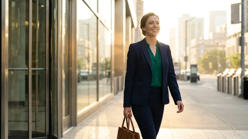 A smiling businesswoman in a navy suit walks along a city sidewalk during golden hour.
