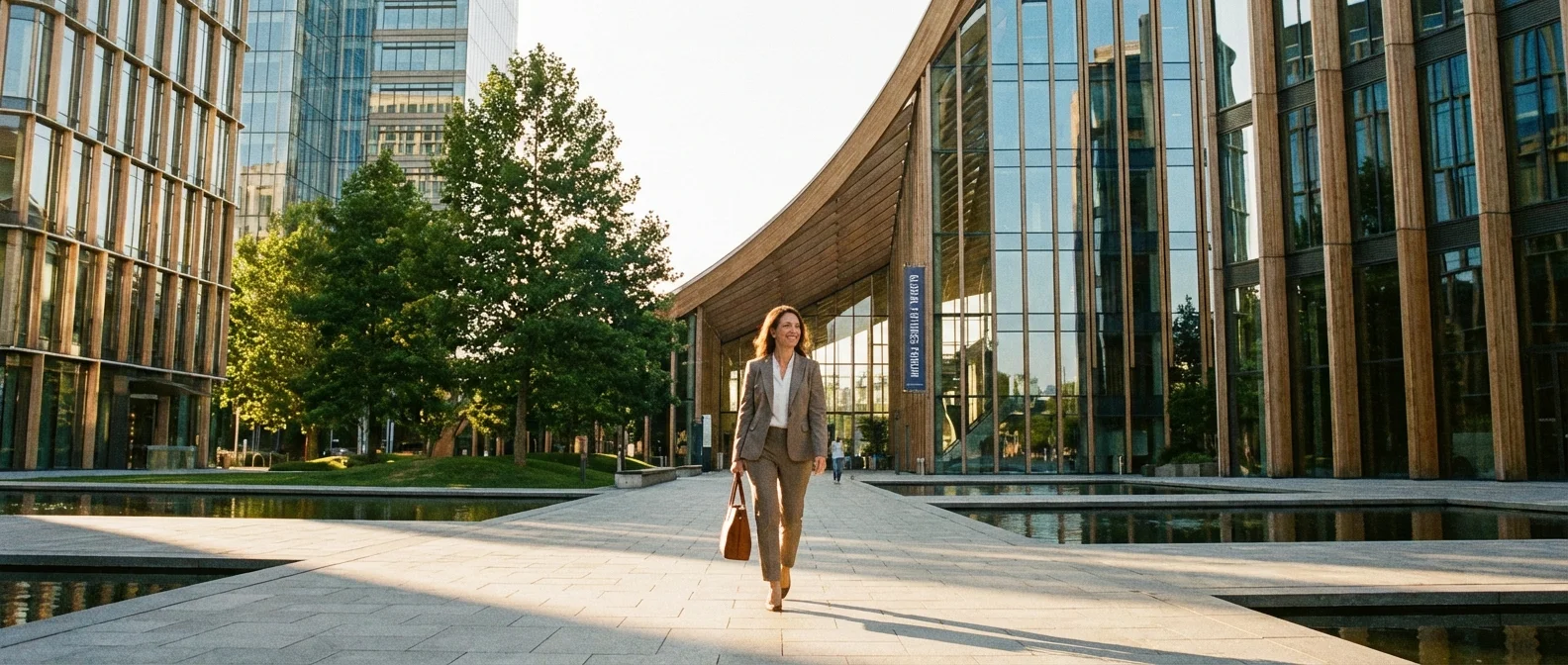 A successful professional walking through a bright, modern architectural plaza.