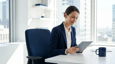Smiling businesswoman in a navy blazer using a tablet at a modern office desk
