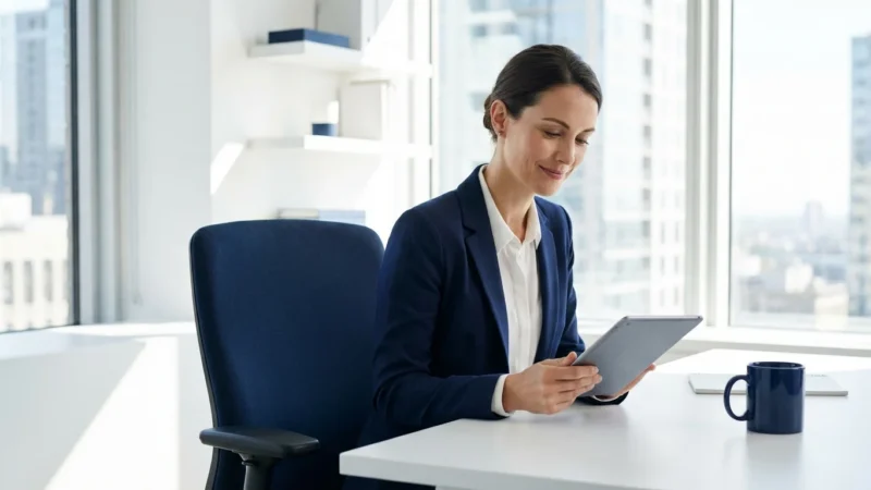 Smiling businesswoman in a navy blazer using a tablet at a modern office desk