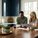 A smiling man and woman look at a digital tablet together in a modern kitchen.