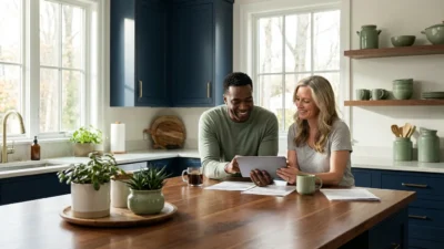 A smiling man and woman look at a digital tablet together in a modern kitchen.