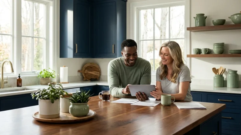 A smiling man and woman look at a digital tablet together in a modern kitchen.