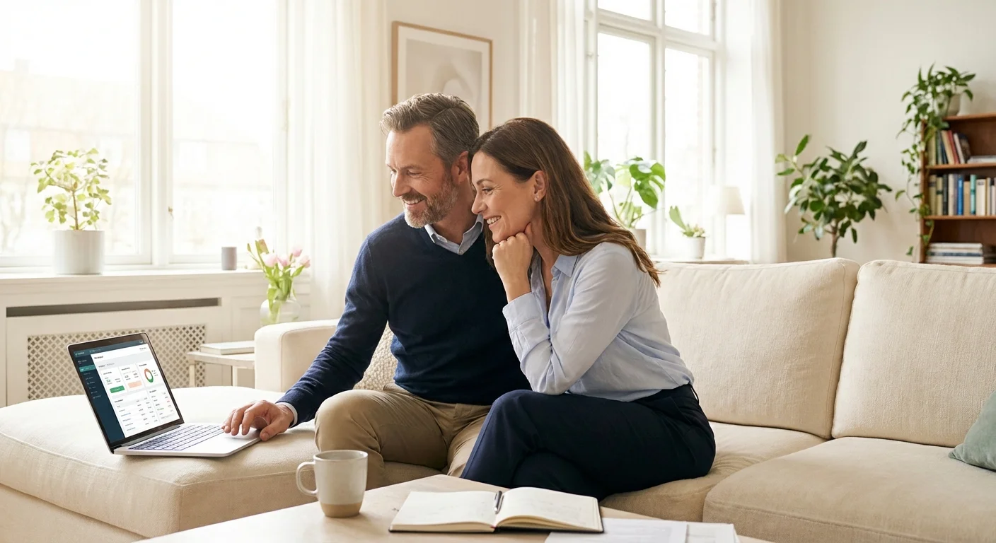 A couple sitting on a cream sofa looking at a laptop with a calm, focused expression.
