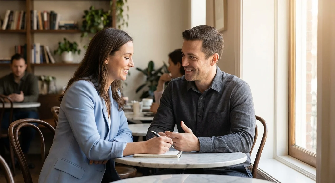 Two people engaged in a friendly, one-on-one professional conversation in a quiet cafe setting.