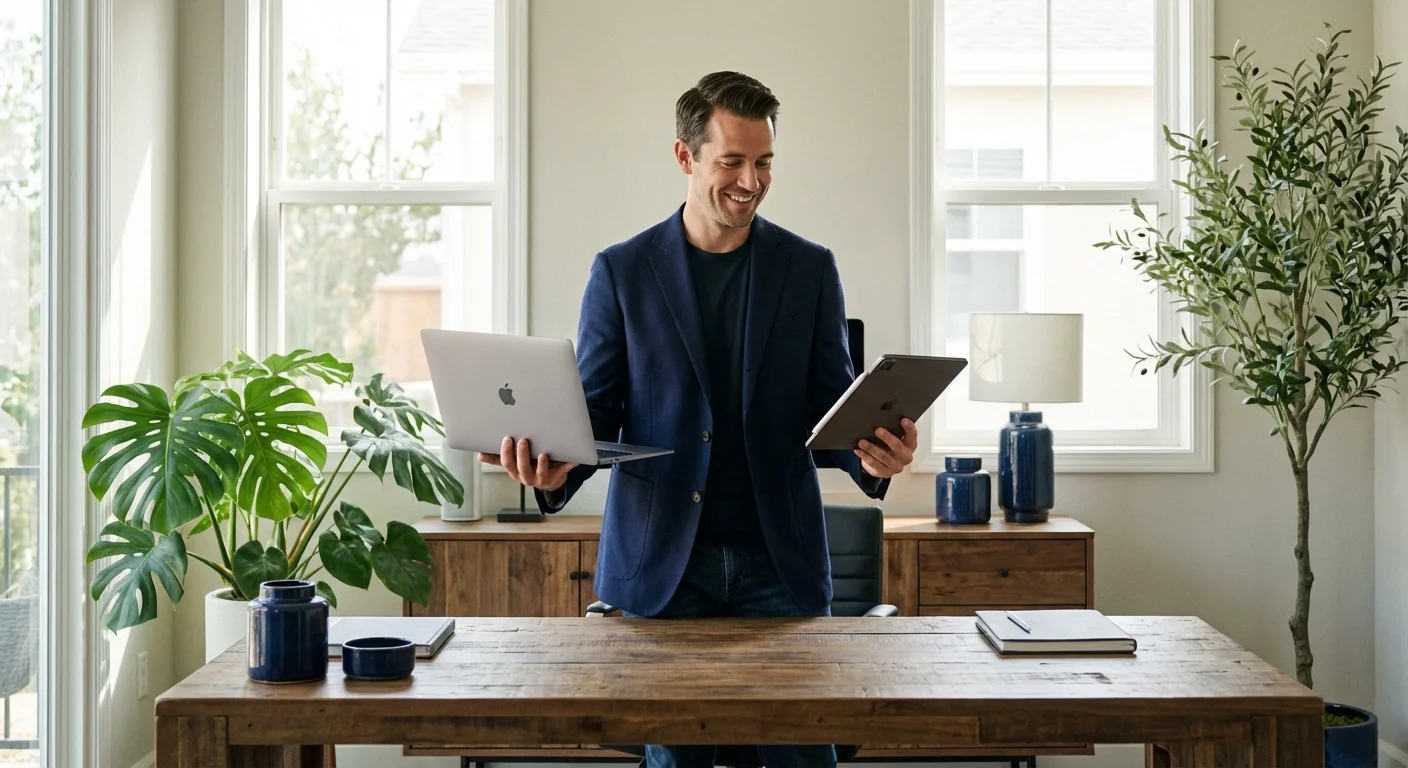 A professional man reviewing documents and a tablet in a modern, bright home office.