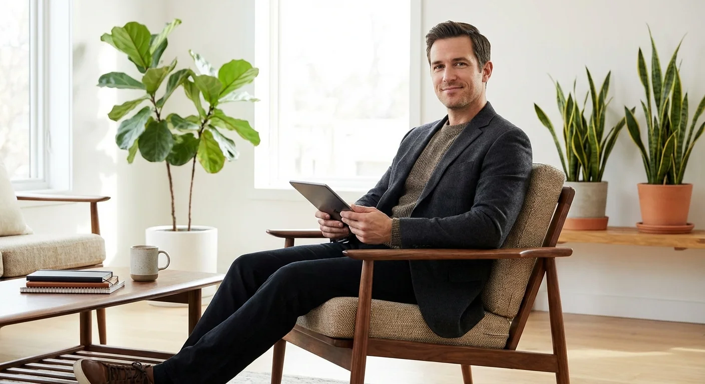 A man reviewing investment options on a tablet in a bright, modern living room.