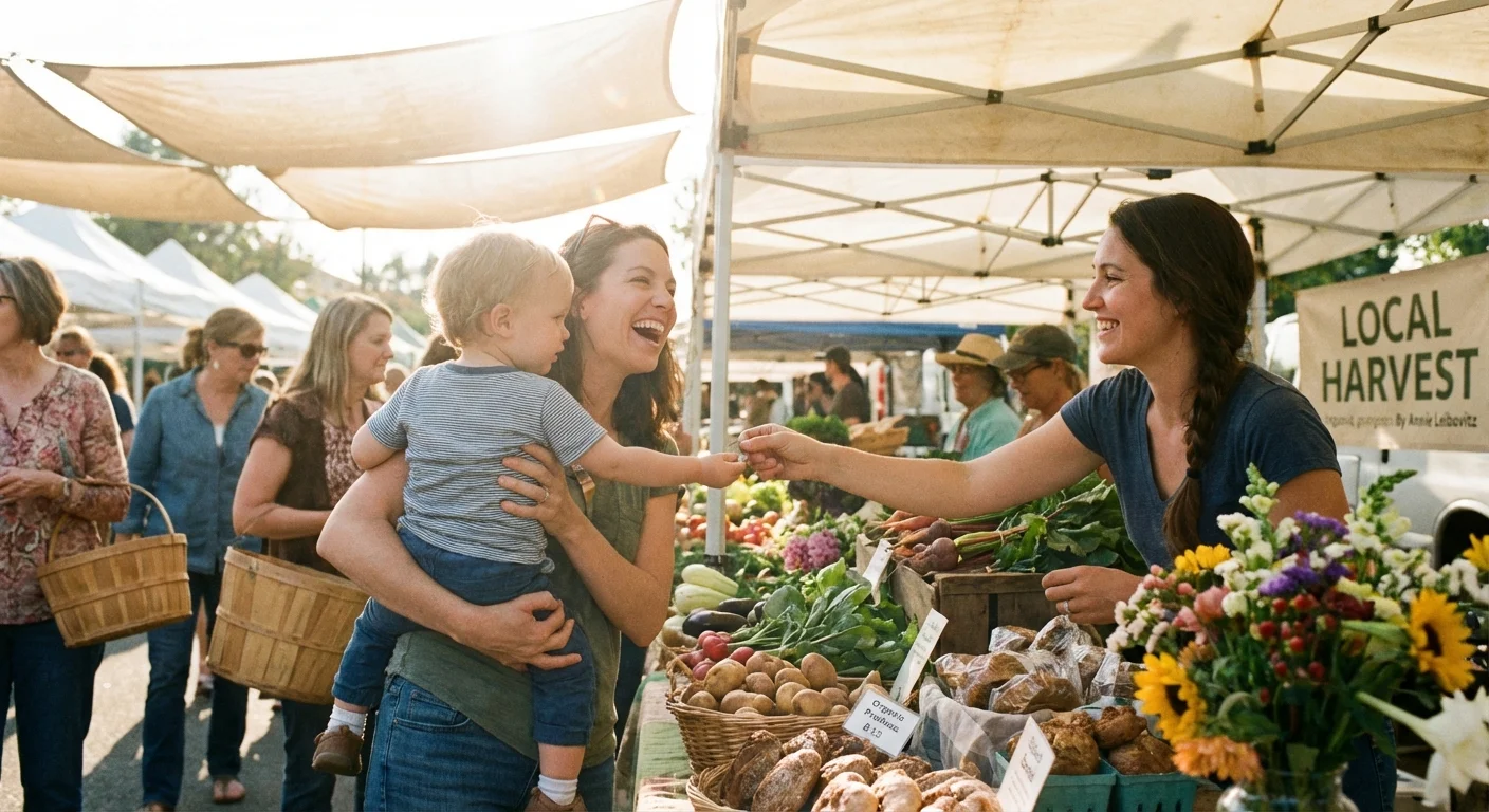 A parent lifting a toddler to pay a vendor at an outdoor farmer's market.