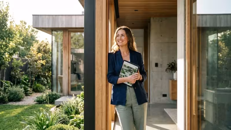Smiling professional woman holding a tablet outside a modern home with glass walls and garden