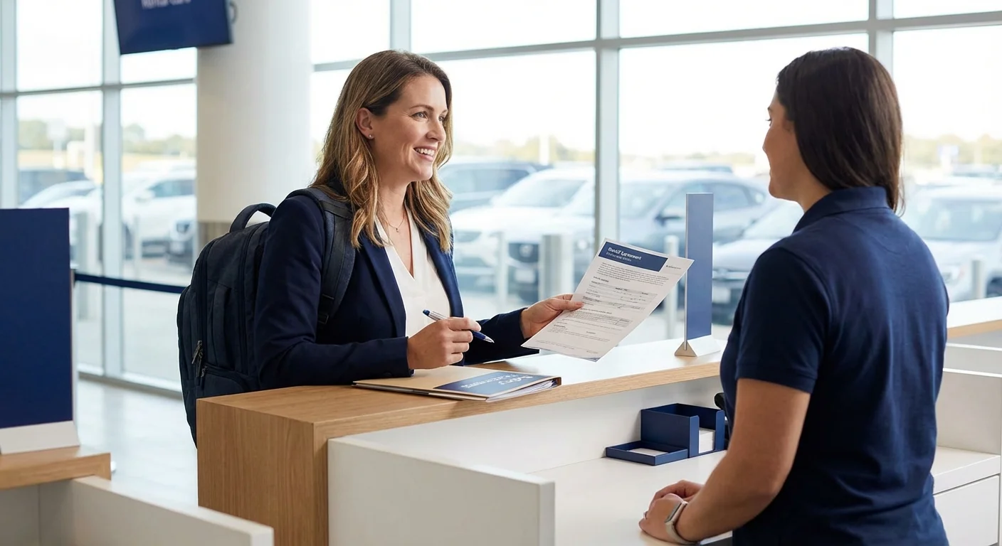 Traveler at a rental car counter confidently handling paperwork.