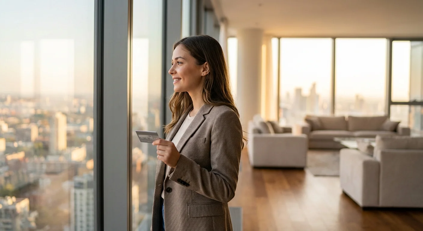 A woman looking out a city window, symbolizing financial growth.