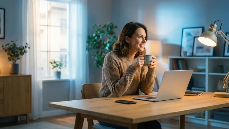 Smiling woman holding a mug while sitting at a desk with a laptop