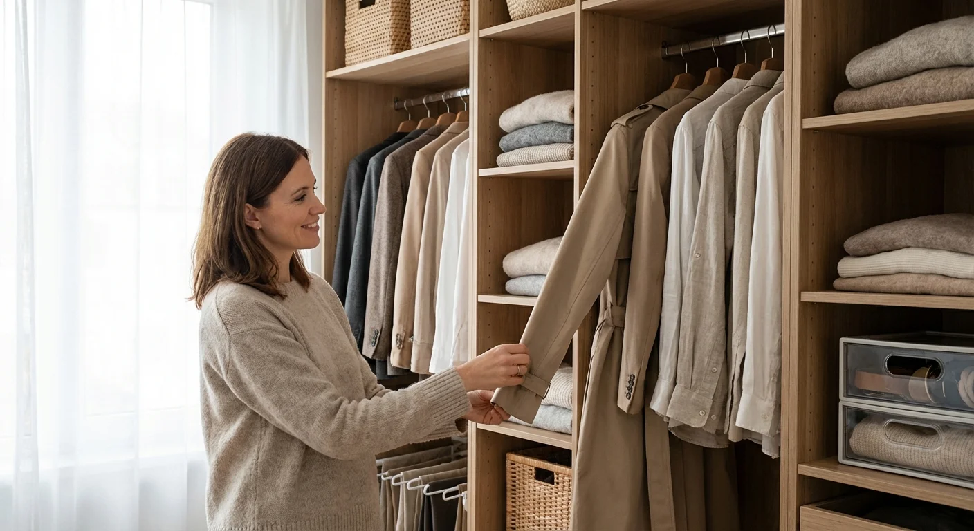 A person looking happy and content while organizing their existing high-quality wardrobe.