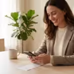 Woman in a blazer using a smartphone to scan a receipt on a wooden table