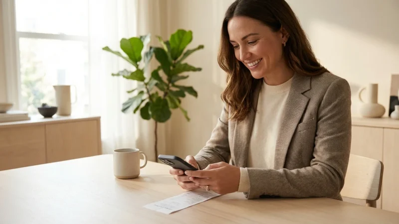 Woman in a blazer using a smartphone to scan a receipt on a wooden table