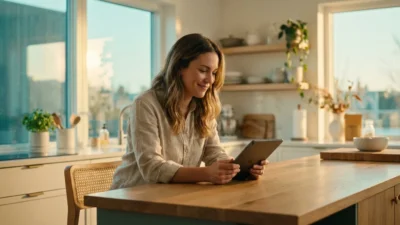 A smiling woman looks at a tablet while sitting in a sunlit modern kitchen.