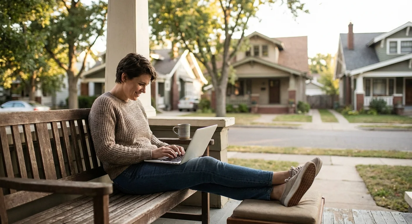 A relaxed person sitting on a porch with a laptop, symbolizing financial stability.
