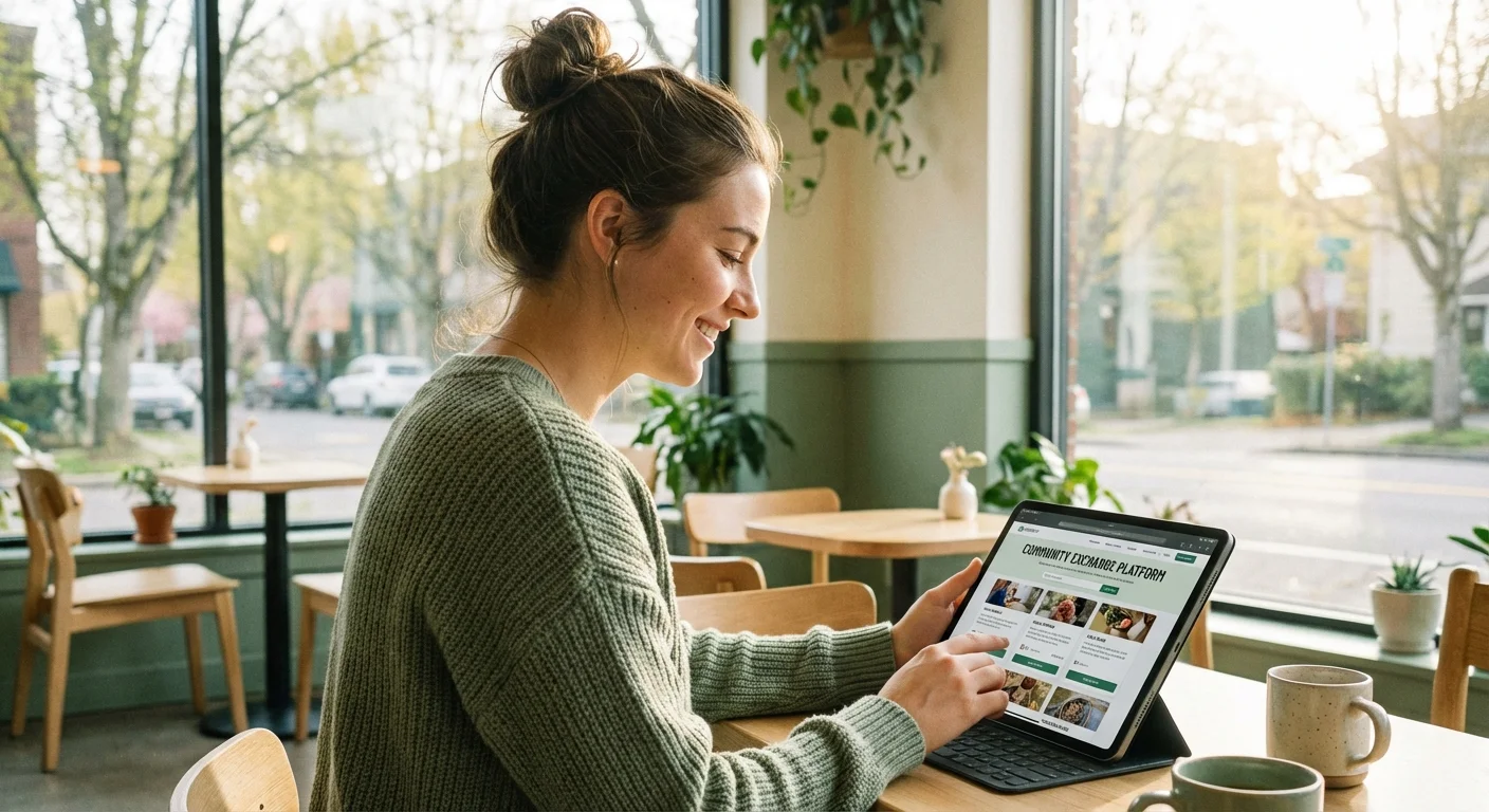 A person using a tablet in a bright cafe to find local barter opportunities.