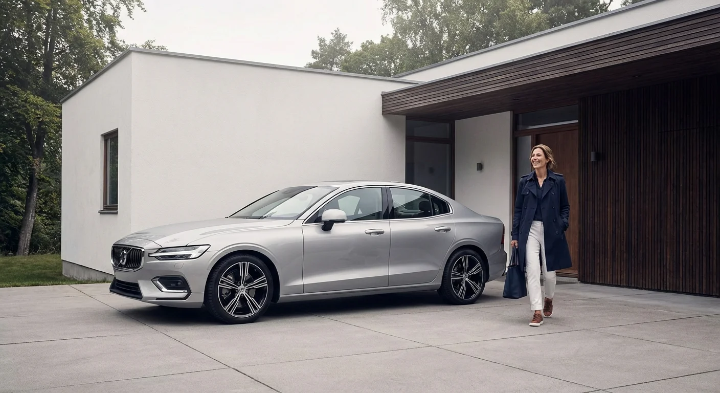 A reliable car parked in a driveway with a person walking toward a house.