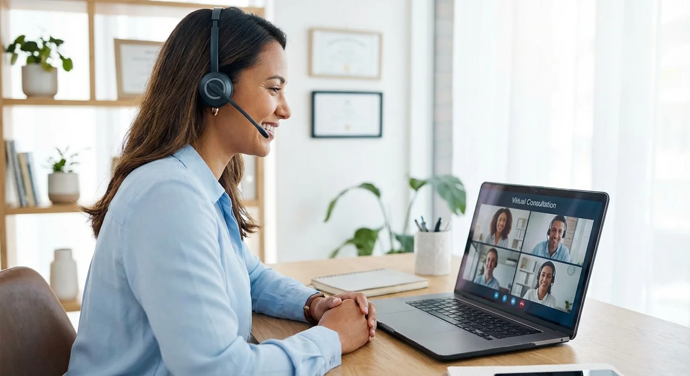 A person having a video call on a laptop, representing a professional consultation.