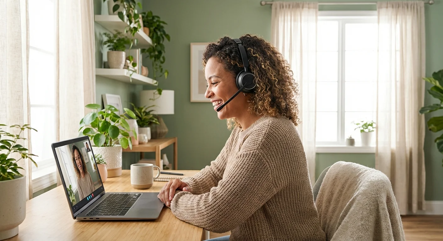 A woman smiles during a video consultation in her home office.