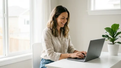 Smiling woman working on a laptop at a white desk in a bright home office setting