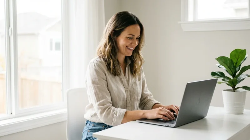 Smiling woman working on a laptop at a white desk in a bright home office setting