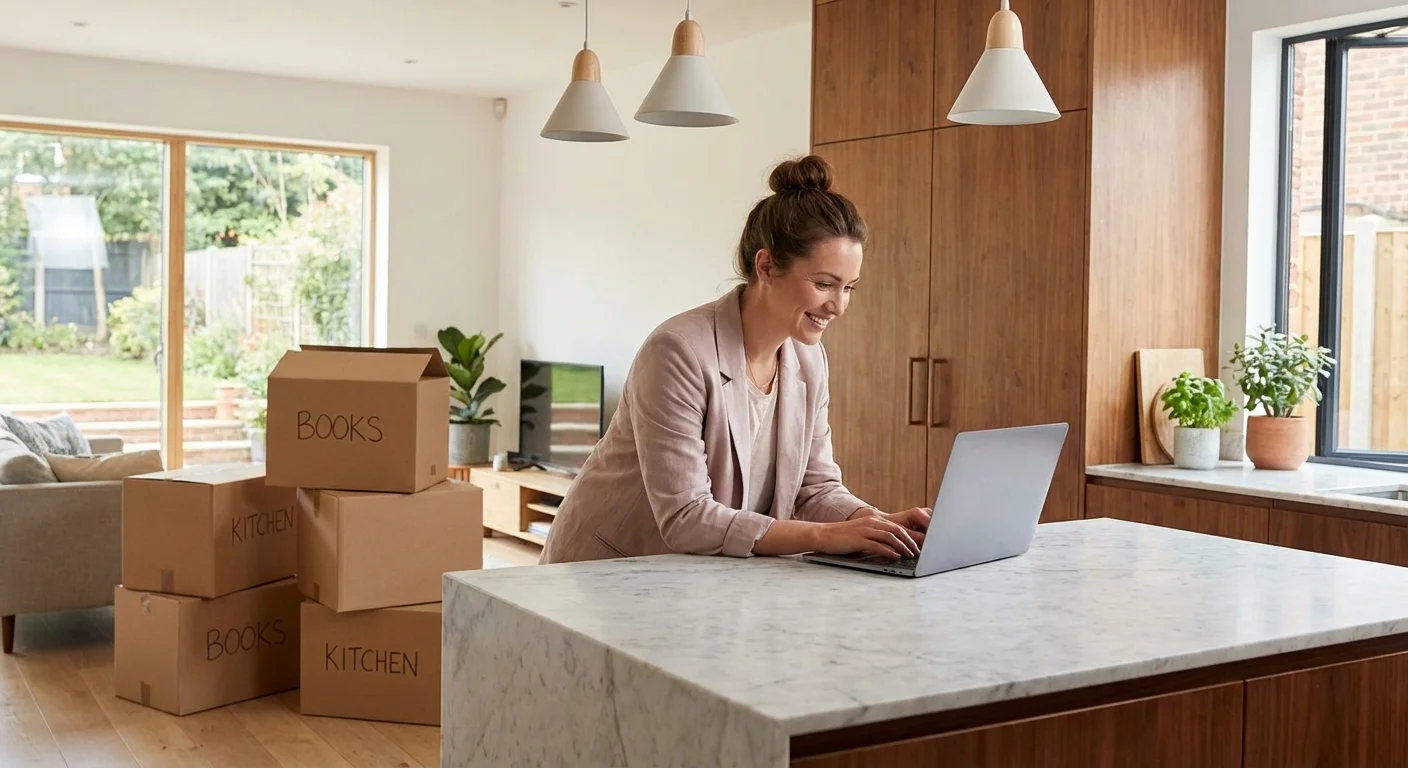 A woman working on a laptop in a new kitchen with moving boxes in the background.