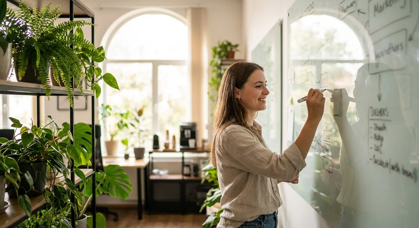 An entrepreneur works on a glass whiteboard in a bright, modern studio filled with plants.