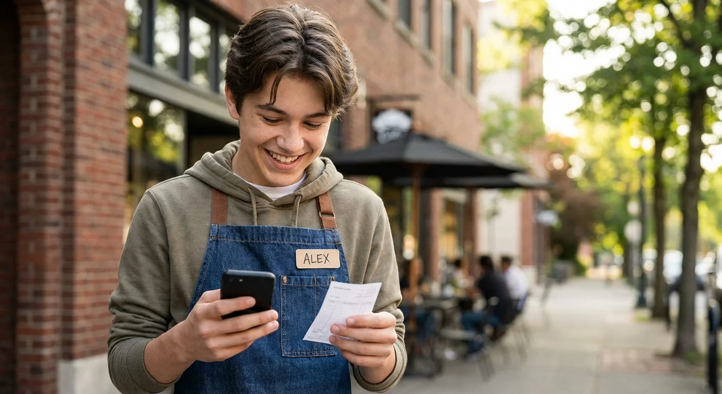 A man in a home office looking at a tablet with a satisfied expression, surrounded by books.