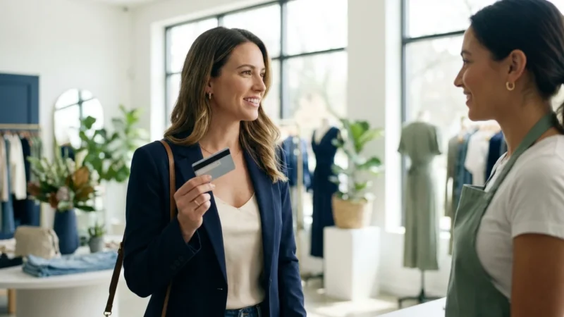 A woman at a retail counter considering a credit offer in a bright, modern shop.
