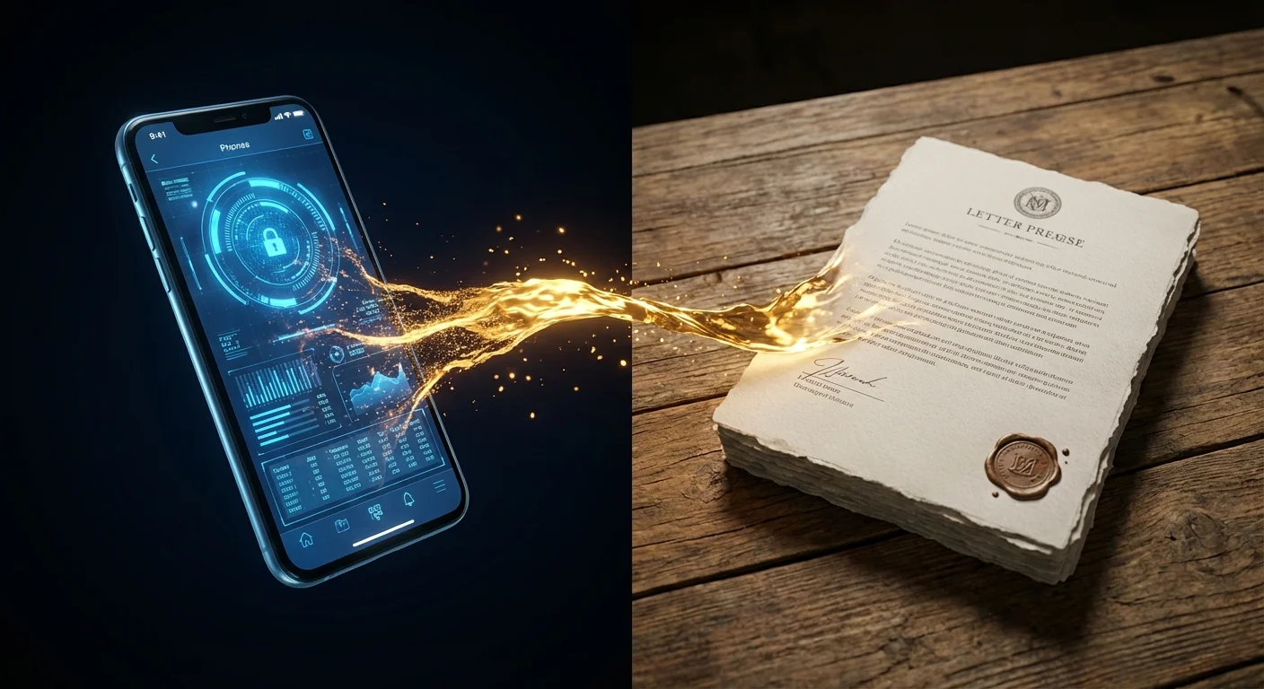 Split-screen 3D view comparing a glowing smartphone and a premium paper bank statement.