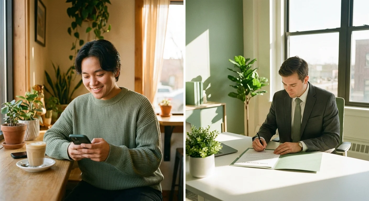 Split screen showing a casual phone check versus a formal document signing.