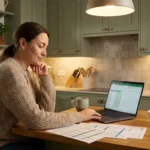 A woman smiling at her laptop in a bright, modern home office, symbolizing financial ease.