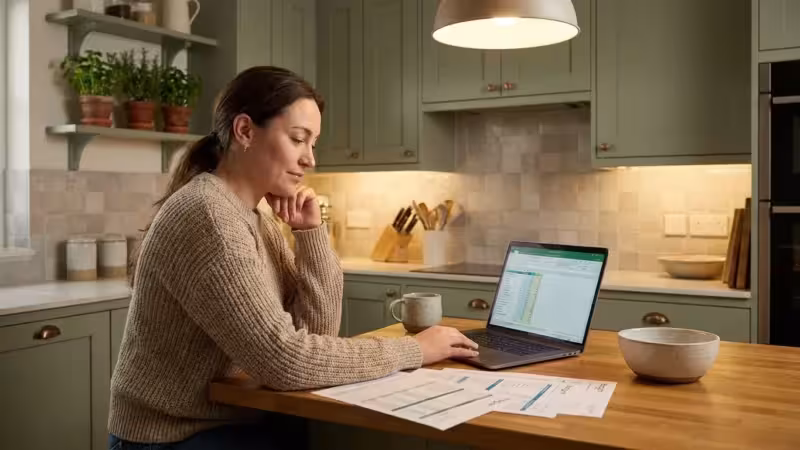 A woman smiling at her laptop in a bright, modern home office, symbolizing financial ease.