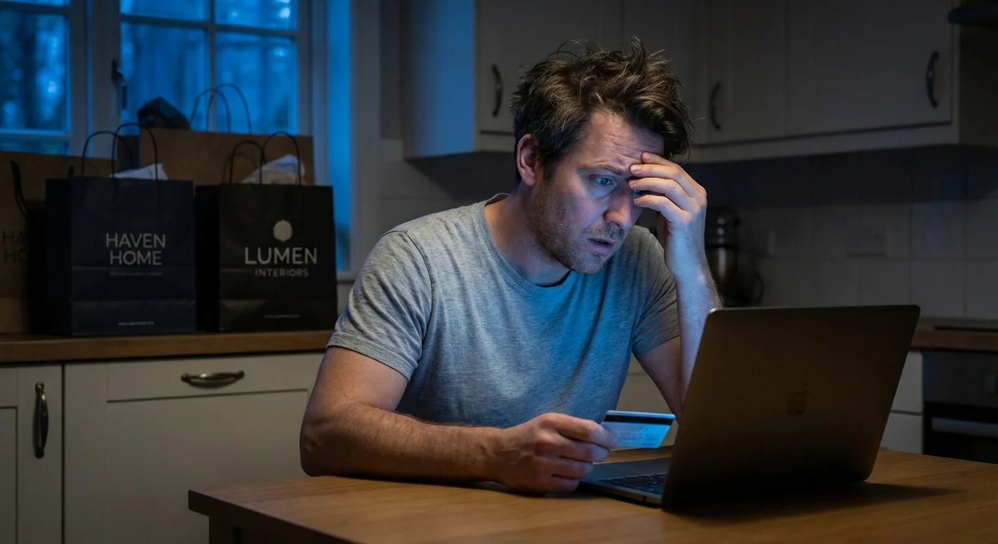 A stressed man looking at his laptop with shopping bags blurred in the background.