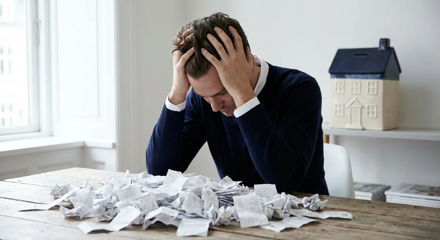 A man looking overwhelmed by small receipts at a wooden table.