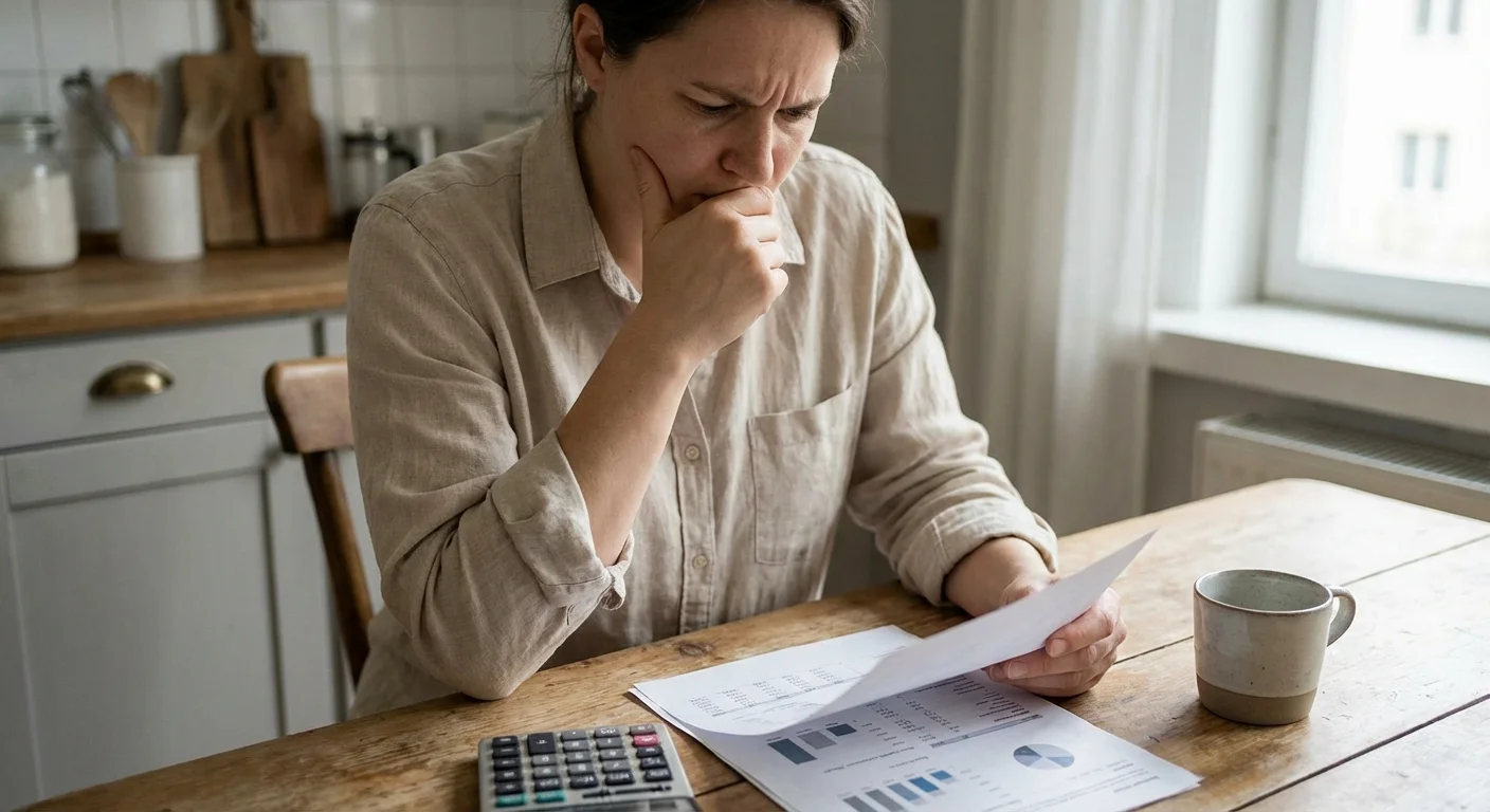 A person looking seriously at a document while sitting at a kitchen table.