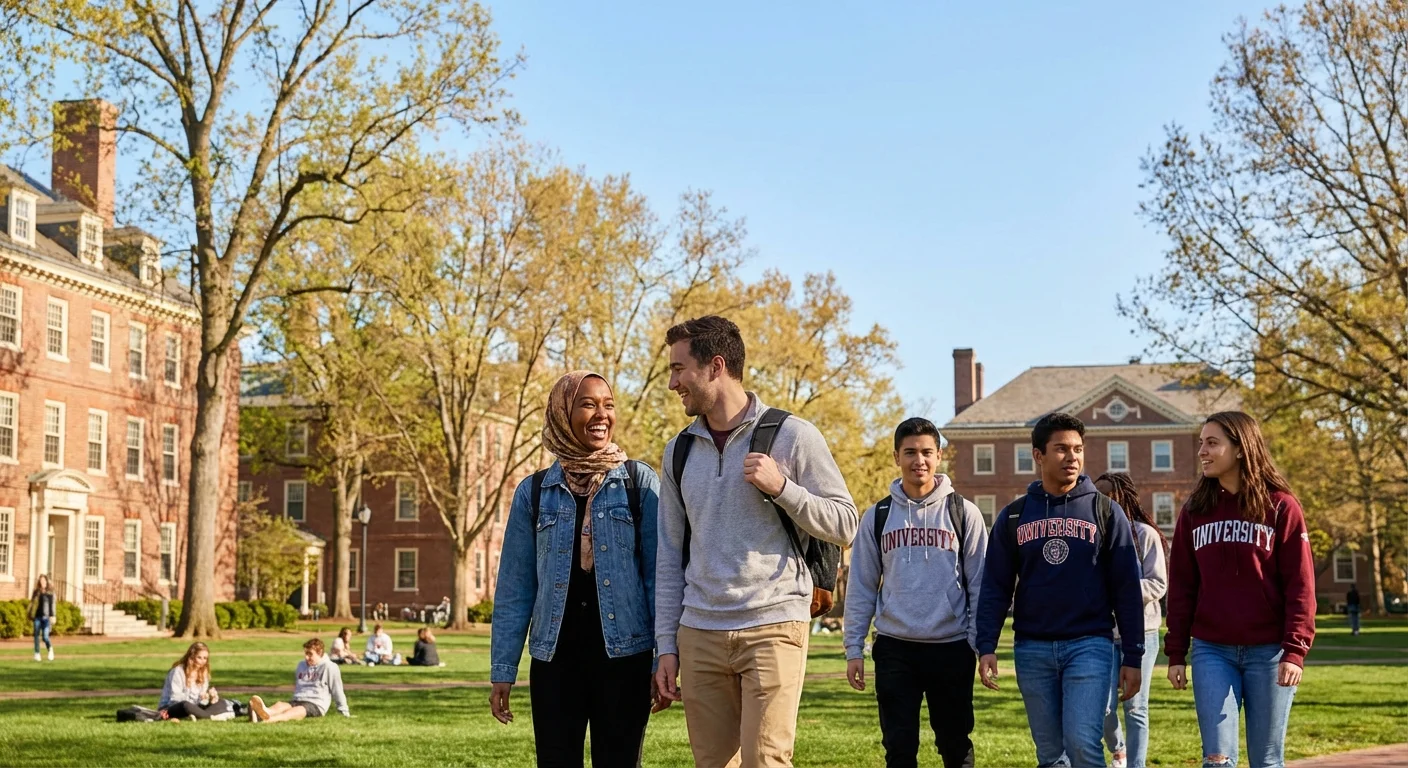 Students walking across a beautiful college campus in the sun.